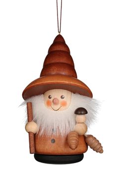 a christmas ornament with a gnome holding a wooden stick and wearing a brown hat