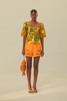 Orange Chic Pears Short Sleeve Blouse – FARM Rio Tropical Oasis, Artfully Designed, Printed Dresses, Farm Rio, Shades Of Orange, Lush Green, Lifestyle Brand, Short Sleeve Blouse, Cotton Dress