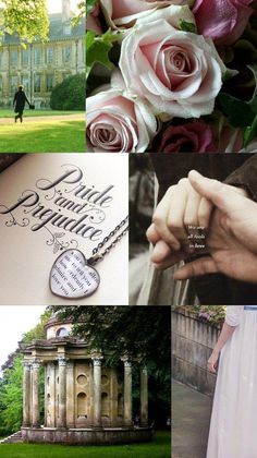 a collage of photos with pink roses and wedding rings