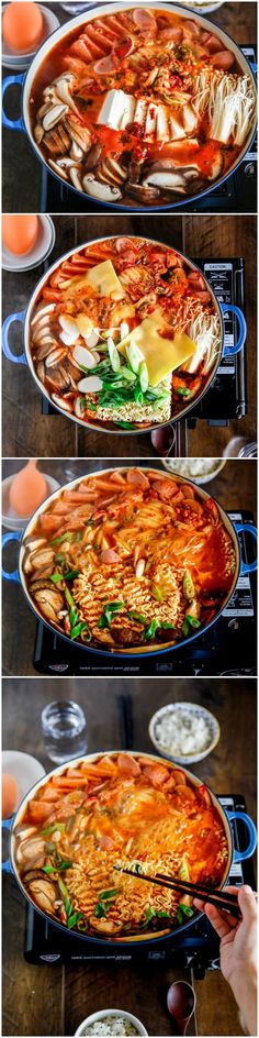 Korean army stew (Budae Jjigae) is a Korean fusion hot pot dish loaded with… Korean Army Stew, Noodles And Cheese, Budae Jjigae, Korean Army, Pho Soup, Korean Kitchen, Korean Side Dishes, Instant Ramen