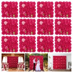 wedding backdrops with pink flowers and hearts on them