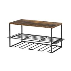 a wooden and metal coffee table with two shelves on the bottom, one shelf is holding wire