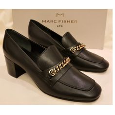 Marc Fisher Loafer Shoes Nib Comfort, Style And Elegance 100% Authentic Marc Fisher Model Hanne Size - 9.5m Color - Black Heel ~2" Metal Chain Accent Medium Width Almond Toe Leather Shoes For Office, Office Leather Shoes With Almond Toe Medium Width, Office Leather Shoes With Medium Width And Almond Toe, Black Business Loafers With Padded Heel, Elegant Slip-on Loafers With Reinforced Heel, Closed Toe Court Shoes With Metal Feet For Work, Chic Black Loafers With Reinforced Heel, Black Loafers With Padded Heel And Almond Toe, Formal Leather Court Shoes Medium Width