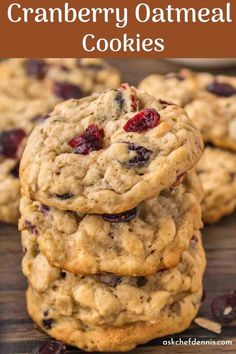 cranberry oatmeal cookies stacked on top of each other with text overlay