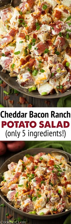 two pictures of potato salad with bacon and green onions on the side, in a skillet