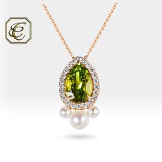 "Diamond Peridot Necklace / 18K Solid Rose Gold with Natural Pearl Peridot and Diamond Pendant / Fine Jewelry Anniversary Gift By Chelebi Peridot and Pearl Necklace set with natural Pearl, Peridot, and Diamonds also is 18K solid rose gold.  This Peridot Necklace will be a great choice for daily use or gifting.                           DETAILS ✶ Gold Kt: 18K Solid Gold ✶ Gold Color: White, Rose, Yellow Gold  ✶ Gemstone: Natural ✶ Gemstone Type: Peridot ✶ Gemstone Shape: Pear ✶ Gemstone Quantity: 1 pcs  ✶ Gemstone Size : 9 x 6 mm ✶ Gemstone Carat: 1.25 ct ✶ Diamond: Natural ✶ Diamond Shape: Round ✶ Diamond Quantity: 26 pcs   ✶ Diamond Color & Clarity: G - Vs2 ✶ Diamond  Size: 1.5 mm ✶ Diamond Total Carat: 0.30 ct ✶ Pearl Origin: Natural Pearl  ✶ Size: Approx. 4mm - 2.5 mm ✶ Shape: Round ✶ Q Formal Green Necklace With Pearl Pendant, Green Pearl Pendant Necklace For Formal Occasions, Gold Peridot Necklaces For Wedding, Elegant Formal Necklace With Peridot, Elegant Peridot Necklaces For Wedding, Pearl Necklace Set, Peridot Necklace, Peridot Gemstone, Ruby Jewelry