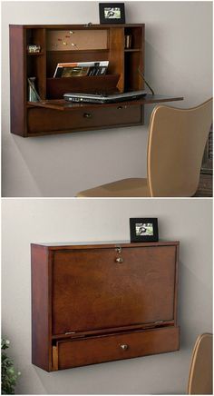 two pictures of a desk with a computer on top and an office chair in the bottom