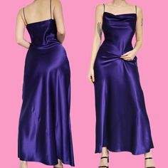 🌹Beautiful purple satin slip dress with cowl neckline UK 8 & UK 10🌹 Condition: No faults or marks ✔️ Label: Yessica by C&A  Size:  UK 8 (W27, B32 & H38 inches)  UK 10 (W29, B34 & H40 inches)  Length: Maxi (ankle length on the 5'8 model) Model size: 10 Model height: 5'8 🌹any questions please do not hesitate to ask🌹 🌹these are vintage items so are in a used condition and may have loose stitching or marks however all noticeable flaws will be shown 🌺 🌹no returns🌹 Party Slip Dress With Satin Finish And Cowl Neck, Fitted Satin Dress For Night, Party Slip Dress With Cowl Neck And Bias Cut, Fitted Silk Satin Dress With Cowl Neck, Purple Silk Satin Evening Dress, Fitted Silk Slip Dress In Solid Color, Purple Fitted Satin Dress For Summer, Fitted Purple Satin Summer Dress, Fitted Purple Satin Dress For Summer