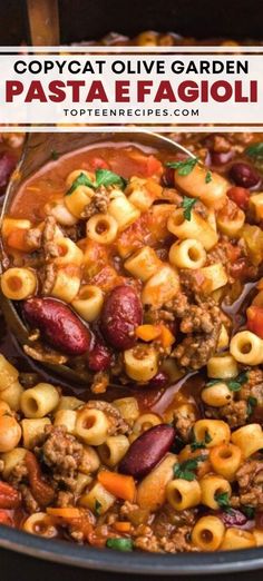 a spoon full of pasta fagioi in a pot with the title above it