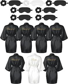 six bridesmaid robes, one with black and white masks