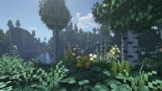 an image of some trees and flowers in the woods with blue sky behind them for minecraft