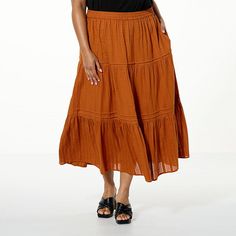 Antthony Tiered Skirt with Pockets  A tiered maxi skirt is a true staple of chic, laid-back summer style — Antthony's textured cotton dobby version is a breezy piece that will make every outfit feel vacation-ready. Casual Tiered Maxi Skirt For Beach, Spring Brown Cotton Maxi Skirt, Brown Cotton Maxi Skirt For Spring, Tiered Bottoms For Summer, Cotton Brown Maxi Skirt For Spring, Solid Color Tiered Bottoms For Summer, Summer Brown Ruffled Maxi Skirt, Summer Brown Tiered Skirt Bottoms, Brown Tiered Skirt For Summer