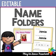 an editable name folder with a girl pointing to it