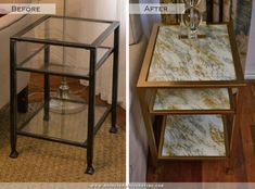 before and after photos of a glass top end table