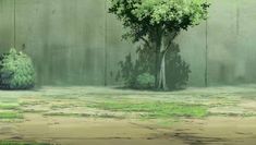 an anime scene with trees and grass in the foreground, against a concrete wall