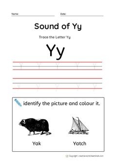 the letter y worksheet with an animal and boat