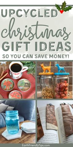 Picture collage of upcycled Christmas gifts with text overlay Upcycled Christmas Gifts Ideas So You Can Save Money Upcycled Christmas Gifts, Bird Seed Ornaments Recipe, Ornaments Recipe, Sustainable Christmas Decorations, Seed Ornaments, Crayon Candles, Diy Zero Waste