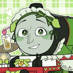 a drawing of a cartoon character holding a drink in front of a green and white background