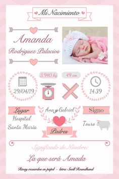 the birth announcement is displayed in pink and white