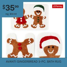 three christmas gingerbread bath rugs with santa hats and stockings on them for $ 35 00