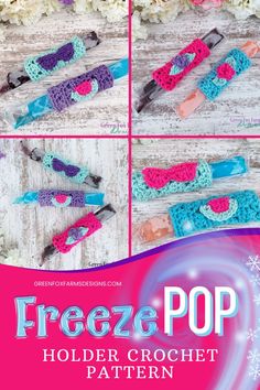 Freeze Pop Holder Crochet Pattern by Green Fox Farms Designs, featuring colorful holders for freeze pops in shades of purple, teal, pink, and aqua. Each holder has a cute accent, like a heart or sunglasses, for added charm. Set against a rustic wooden background with white flowers. A bright pink banner at the bottom displays the title "Freeze Pop Holder Crochet Pattern" with icy text effects and snowflake graphics. Freeze Pop Holder, Make Popsicles, Design Vip, Freeze Pops, Foundation Single Crochet