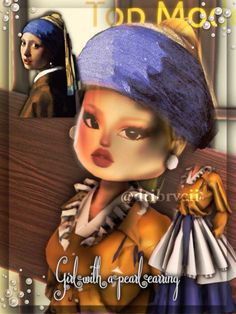 a digital painting of a girl with a pearl earring wearing a yellow dress and blue hat