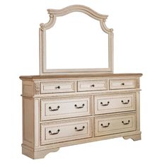 a white dresser with a mirror on it's top and bottom drawer, in front of a white background