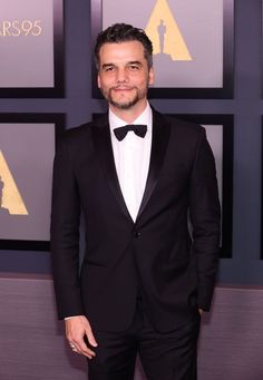 a man in a tuxedo and bow tie poses for the camera on the red carpet