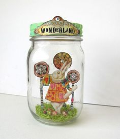 a glass jar with an image of a rabbit in it's costume on the lid