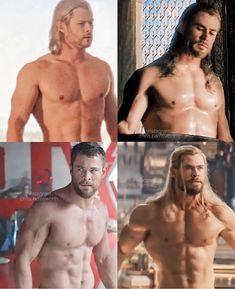 four different pictures of the same shirtless man with long hair and no shirt on