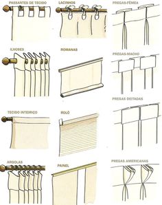 the different types of curtains hanging on hooks and bars are shown in this diagram, with instructions for how to tie them