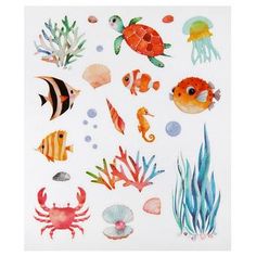 an assortment of sea life stickers on a white background