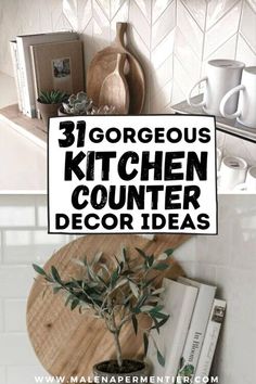 the kitchen counter is decorated in white and has books, cups, and vases on it