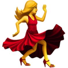 a woman in a red dress is dancing with her legs spread out to the side