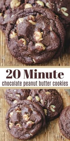 chocolate peanut butter cookies are stacked on top of each other with the words, 20 minute chocolate peanut butter cookies