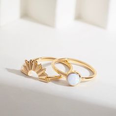 Sunseeker Horizon 14K Gold Vermeil Ring Set | Wanderlust + Co White Opal Celestial Ring, Celestial White Opal Ring, Wanderlust And Co, Half And Half, Gold Ring Sets, One Half, Fine Jewels, Opal Ring, Ring Size Guide