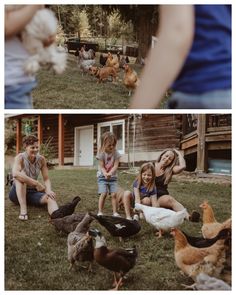 two pictures of people and chickens in the grass