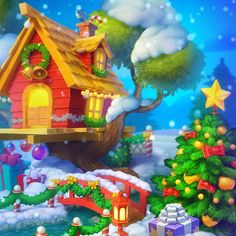 a christmas scene with a tree and a house