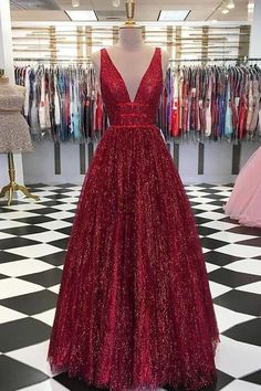 Unique Sexy V Neck A Line Burgundy Sequins Tulle Prom Dresses on Storenvy Sequin Prom Dresses Long, Dresses Floor Length, Popular Prom Dresses, Red Gown, Custom Prom Dress, Floor Length Prom Dresses, Burgundy Prom Dress, Prom Dresses Sleeveless, Evening Gown Dresses