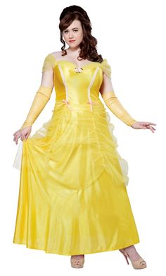 a woman in a yellow dress is standing with her arms out and hands on her hips