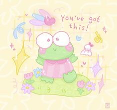 a cartoon frog sitting on top of a patch of grass with the words you've got this