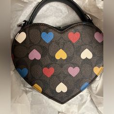 Coach Heart Crossbody In Signature Canvas With Heart Print Sv/Brown Black Multi Brown Heart-shaped Bag, Heart-shaped Brown Bag For Everyday Use, Bags Coach, Signature Canvas, Heart Print, Coach Bags, Black And Brown, Multi Color, Bag Lady