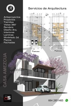 the front and back side of a house with drawings on it, including two cars parked in