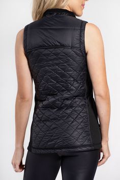 The perfect layering item to bring you from your workout to coffee to grocery shopping. Quilted fabric in diamond design Knit side panel for a flattering fit Zip pockets Fitted Vest For Outdoor Activities, Casual Nylon Vest With Functional Pockets, Black Nylon Vest With Functional Pockets, Casual Nylon Vest With Side Pockets, Black Sleeveless Vest With Functional Pockets, Nylon Vest With Functional Pockets For Outdoor, Fitted Nylon Outdoor Vest, Sporty Nylon Vest With Pockets, Nylon Vest With Side Pockets For Outdoor Activities