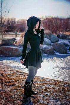 Winter Dress With Cloak, Cute Winter Dresses Luulla, Layered Long Warm Dress, Black Dress With Warm Cover, Cute Warm Winter Dresses, Snow Winter Dress, Casual Warm Dresses, Winter Clothing Dress, Winter Layer Dress