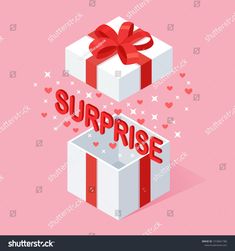 surprise gift box with red ribbon and bow on pink background