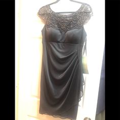 Beautiful Evening Dress/ Black With Pewter Colored Beading/ Built In Bra/ Nwt Elegant Beaded Evening Dress For Holiday, Black Beaded Evening Dress For Night Out, Beaded Black Evening Dress For Night Out, Elegant Beaded Black Evening Dress, Elegant Black Beaded Evening Dress, Evening Dress Black, Shrug For Dresses, Beautiful Evening Dresses, Tahari Dress