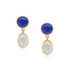 These natural Lapis and moonstone earrings wear easily day into night. Bezel set in 18k gold plated sterling silver they feature a round cut Lapis cabochon and an oval cut Moonstone cabochon.    Handcrafted, each stone is unique with a story to tell. 1 inch in total length, with post back for pierced ears. Store earring in a dry place in a softly lined jewelry pouch or jewelry box. Clean/wipe the metal part of the earring as needed with a soft jewelry cloth, avoiding the stones.  Avoid direct co Ear Scape, Jewelry Packaging Design, Soft Jewelry, Cabochon Earrings, Moonstone Cabochon, Jewelry Essentials, Moonstone Earrings, Artistic Jewelry