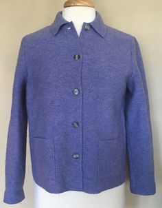 Lands' End Petite 100% wool cardigan sweater or jacket in ladies petite size 4P.  Features are: Long sleeves Pointed collar 5 button front closure Two front patch pockets Straight hem Lavender purple color, lighter than shown in pictures Photos are a part of the listing description, please view them for detail In excellent pre-owned condition Dry clean Approximate measurements with garment lying flat are: Underarm to underarm across the front:  19" Shoulder width:  15.5" Sleeve length from top o Purple Winter Blazer With Button Closure, Winter Purple Blazer With Button Closure, Purple Button-up Outerwear With Pockets, Classic Purple Outerwear For Spring, Classic Purple Spring Outerwear, Purple Button-up Outerwear With Button Closure, Purple Button-up Outerwear, Classic Purple Outerwear With Buttons, Classic Purple Outerwear For Fall