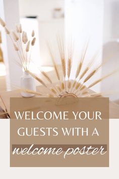 a welcome poster with wheat stalks in the foreground and an open book on the table